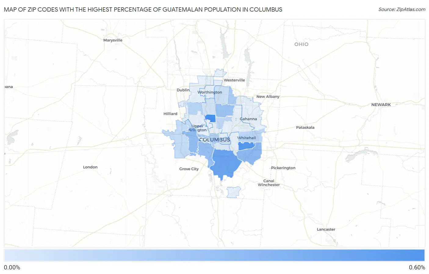 Zip Codes with the Highest Percentage of Guatemalan Population in Columbus Map
