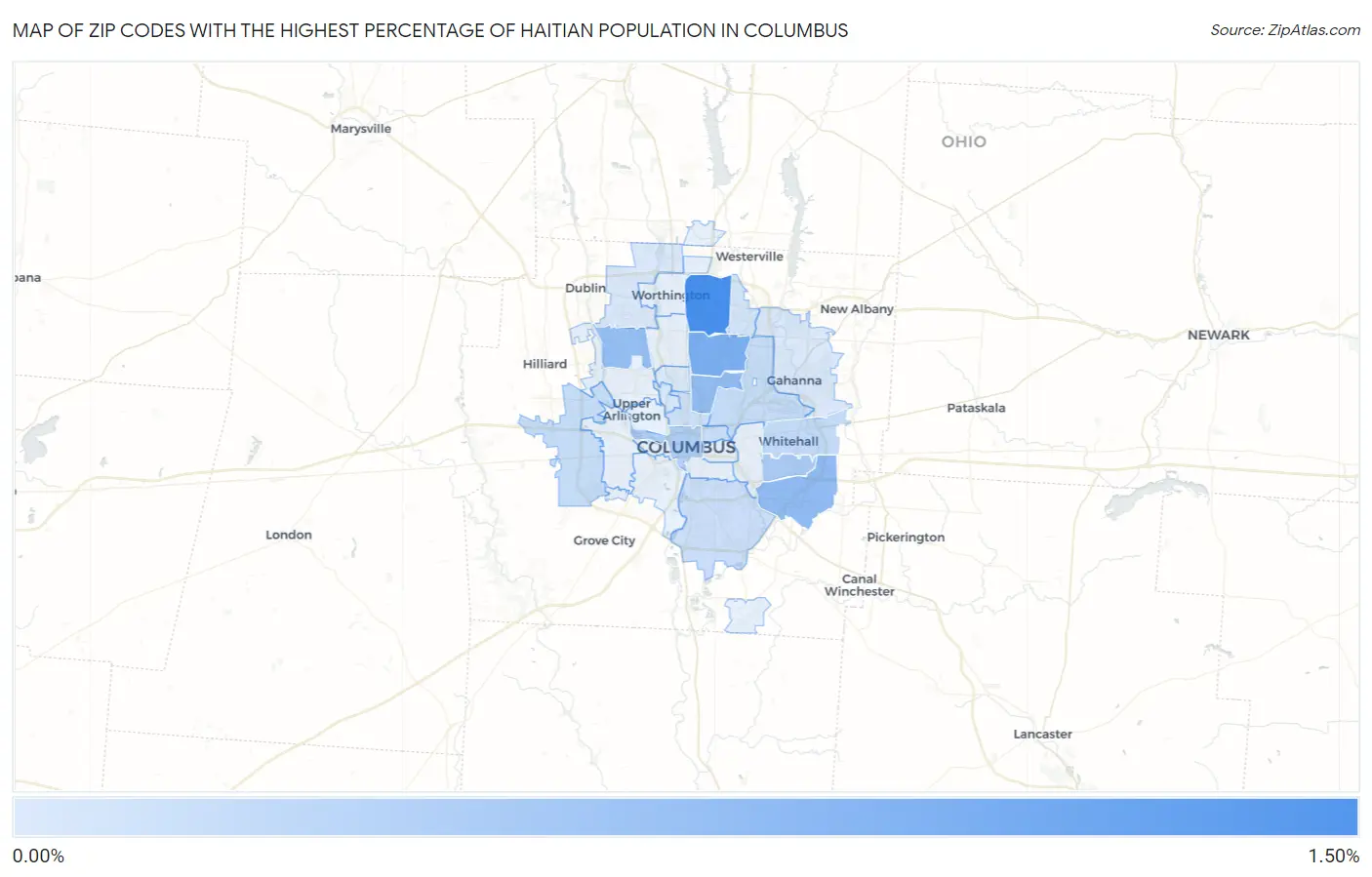 Zip Codes with the Highest Percentage of Haitian Population in Columbus Map