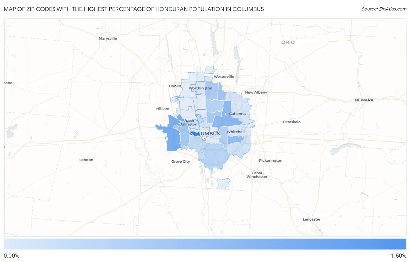 Zip Codes with the Highest Percentage of Honduran Population in Columbus Map