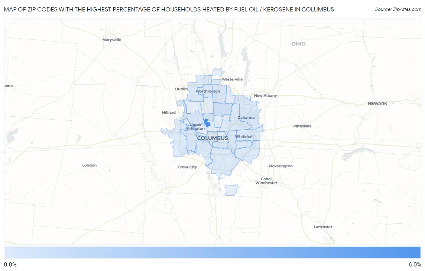 Zip Codes with the Highest Percentage of Households Heated by Fuel Oil / Kerosene in Columbus Map