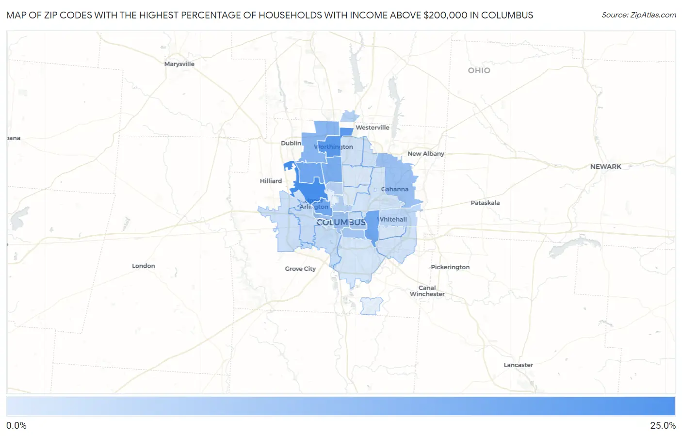 Zip Codes with the Highest Percentage of Households with Income Above $200,000 in Columbus Map