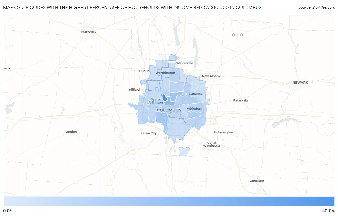 Zip Codes with the Highest Percentage of Households with Income Below $10,000 in Columbus Map