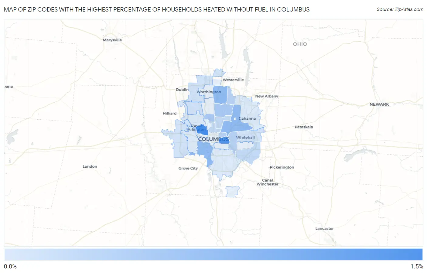Zip Codes with the Highest Percentage of Households Heated without Fuel in Columbus Map