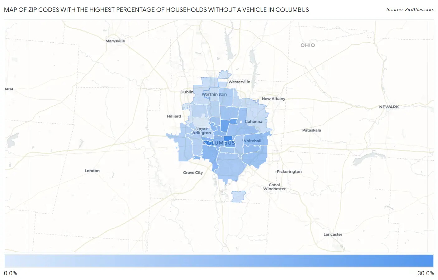 Zip Codes with the Highest Percentage of Households Without a Vehicle in Columbus Map