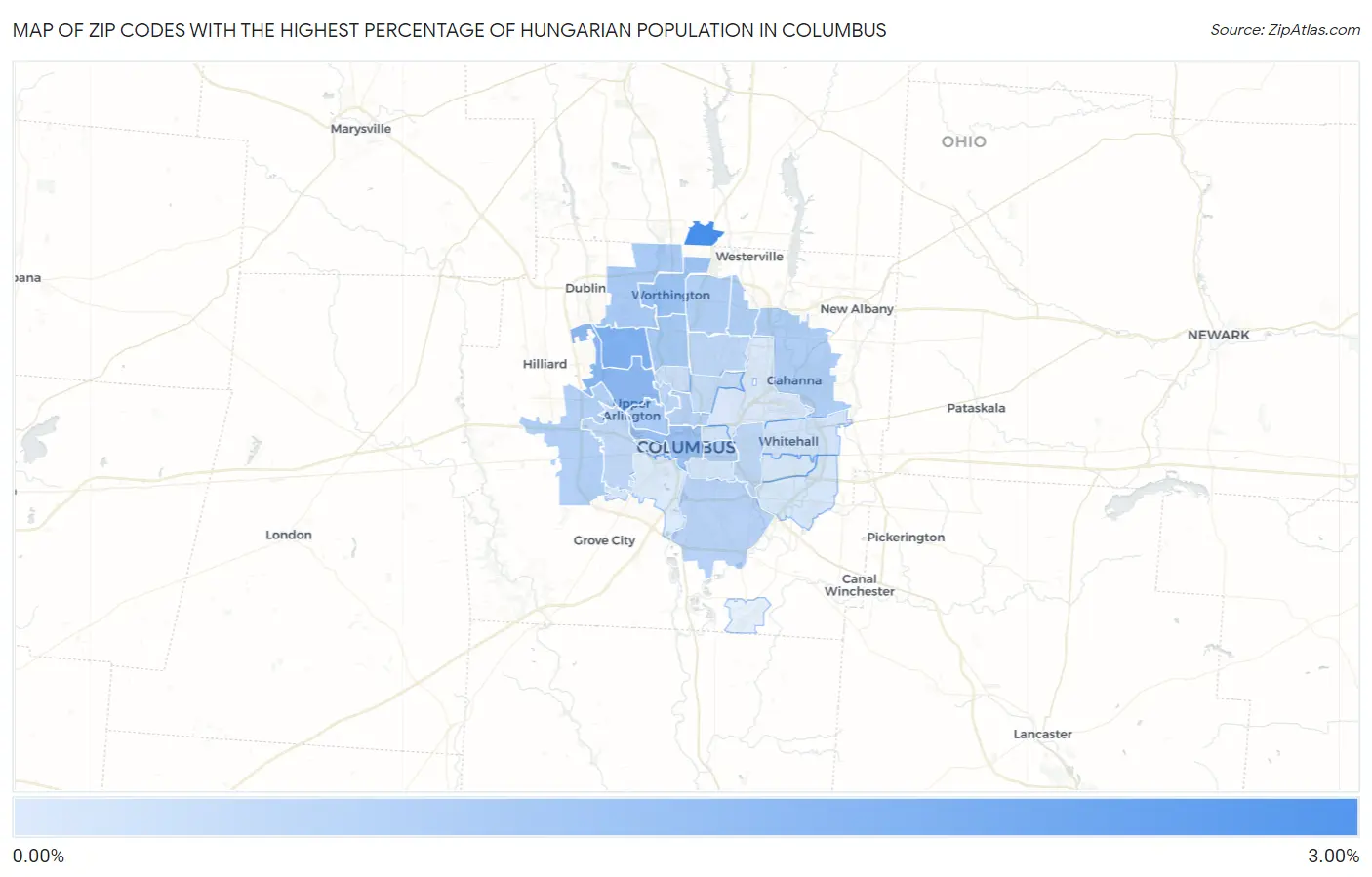 Zip Codes with the Highest Percentage of Hungarian Population in Columbus Map