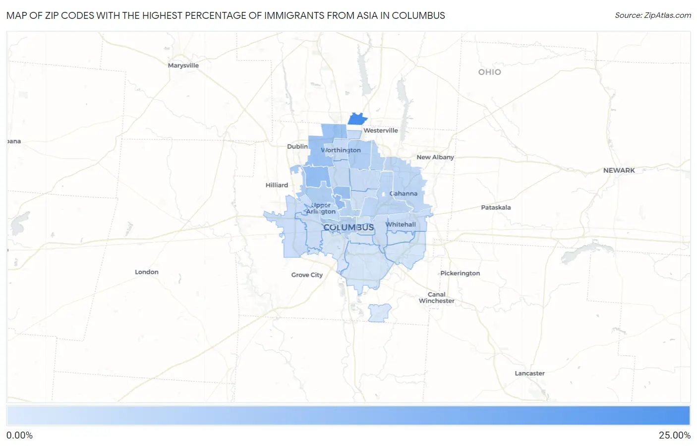 Zip Codes with the Highest Percentage of Immigrants from Asia in Columbus Map