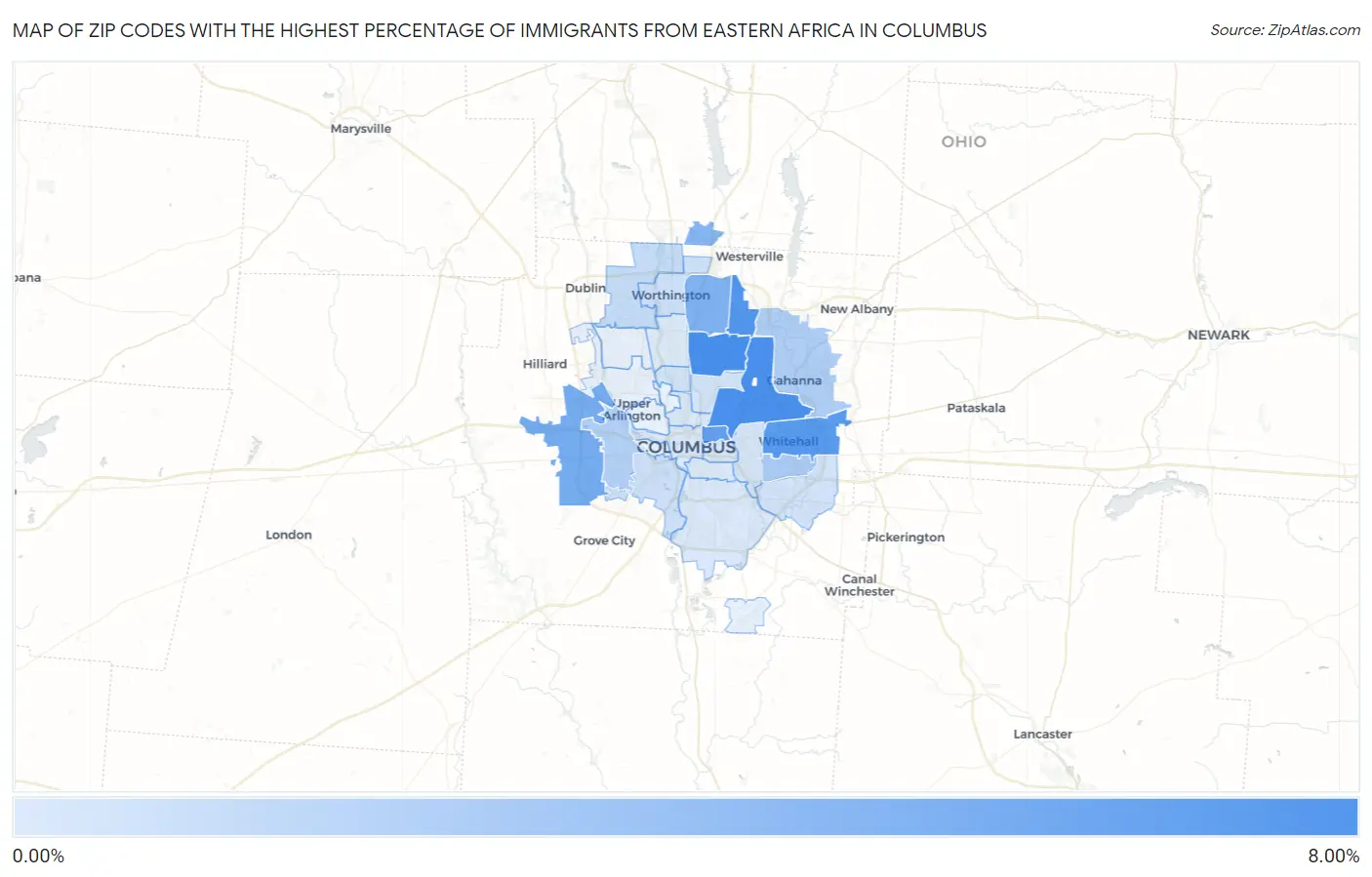 Zip Codes with the Highest Percentage of Immigrants from Eastern Africa in Columbus Map