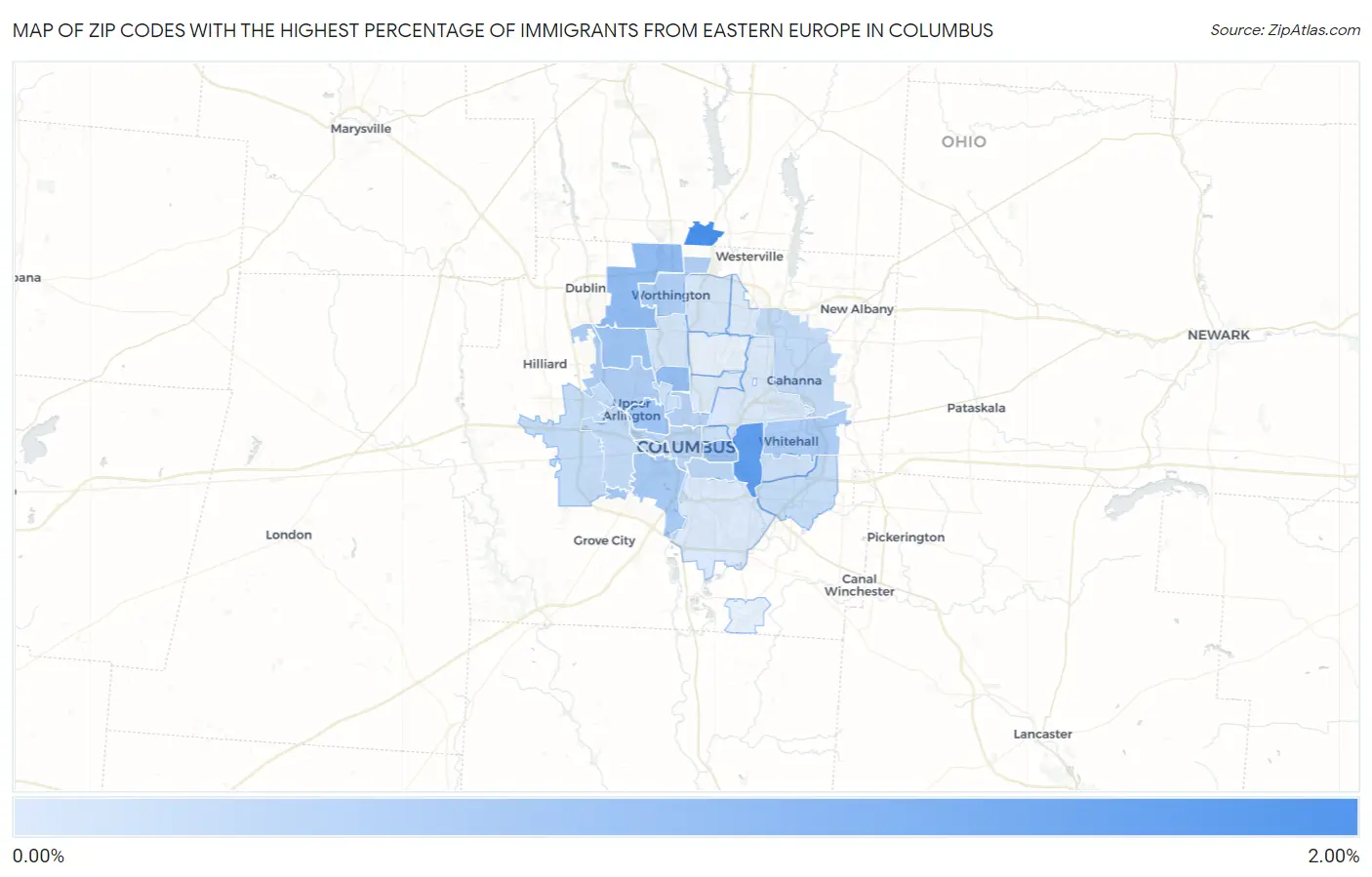 Zip Codes with the Highest Percentage of Immigrants from Eastern Europe in Columbus Map