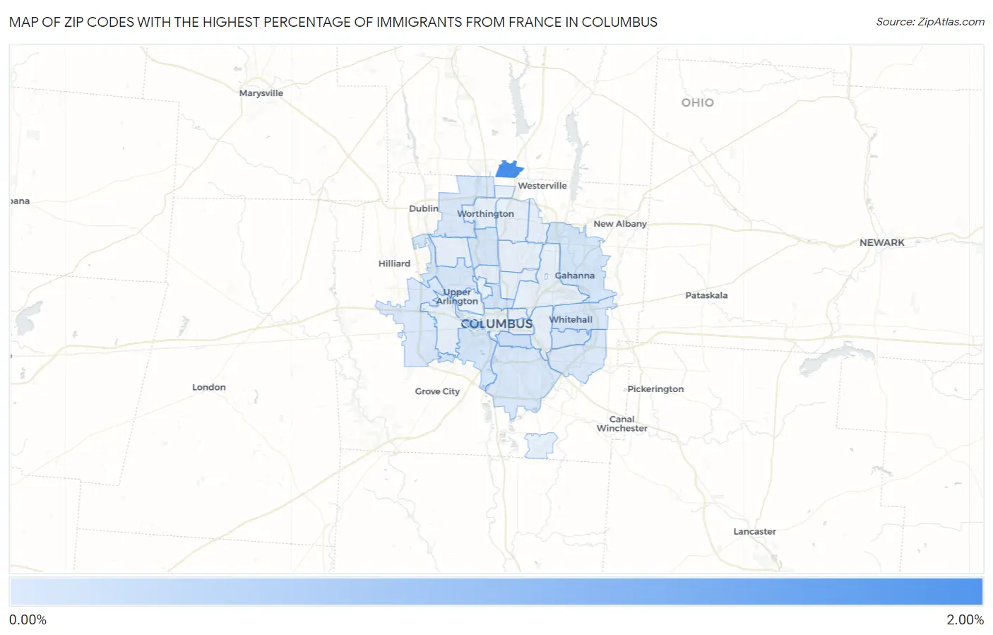 Zip Codes with the Highest Percentage of Immigrants from France in Columbus Map