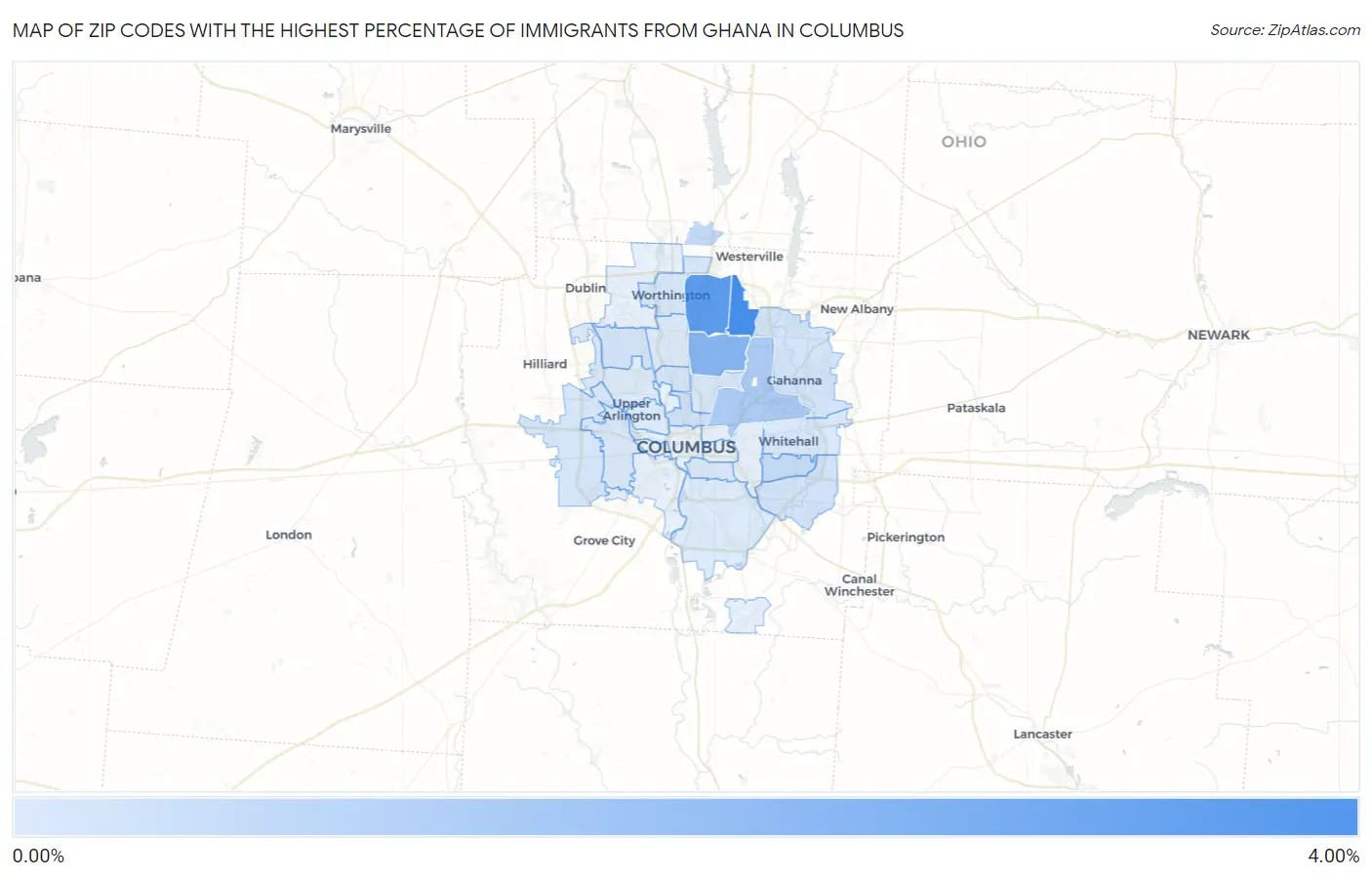Zip Codes with the Highest Percentage of Immigrants from Ghana in Columbus Map