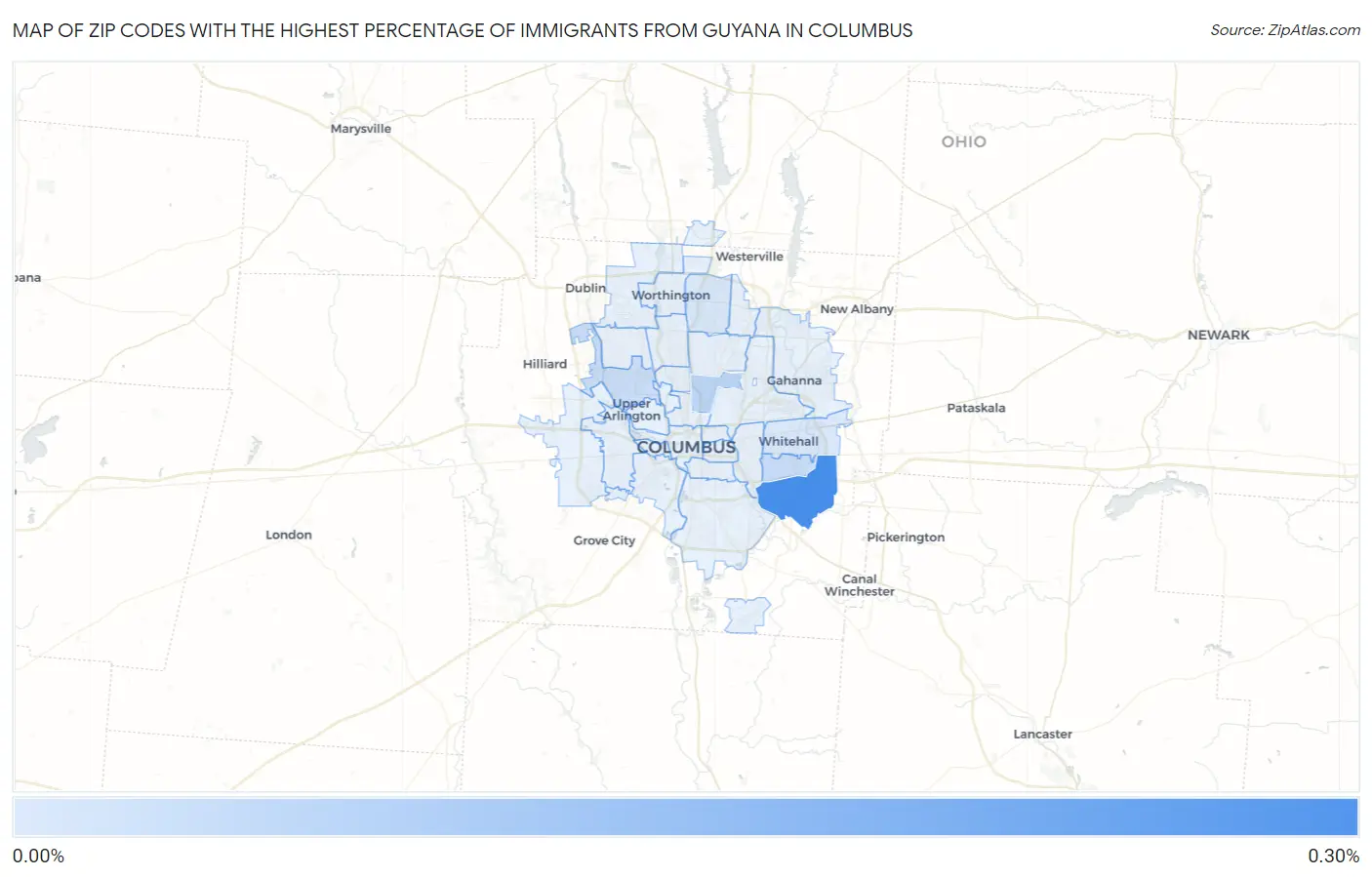 Zip Codes with the Highest Percentage of Immigrants from Guyana in Columbus Map