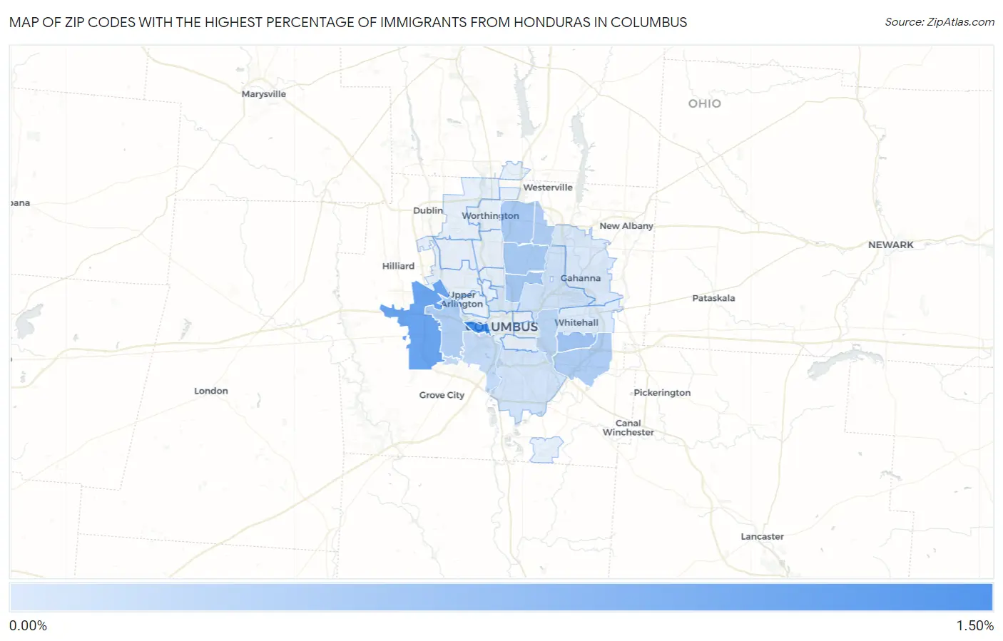 Zip Codes with the Highest Percentage of Immigrants from Honduras in Columbus Map
