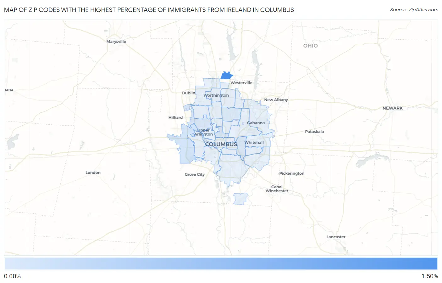 Zip Codes with the Highest Percentage of Immigrants from Ireland in Columbus Map