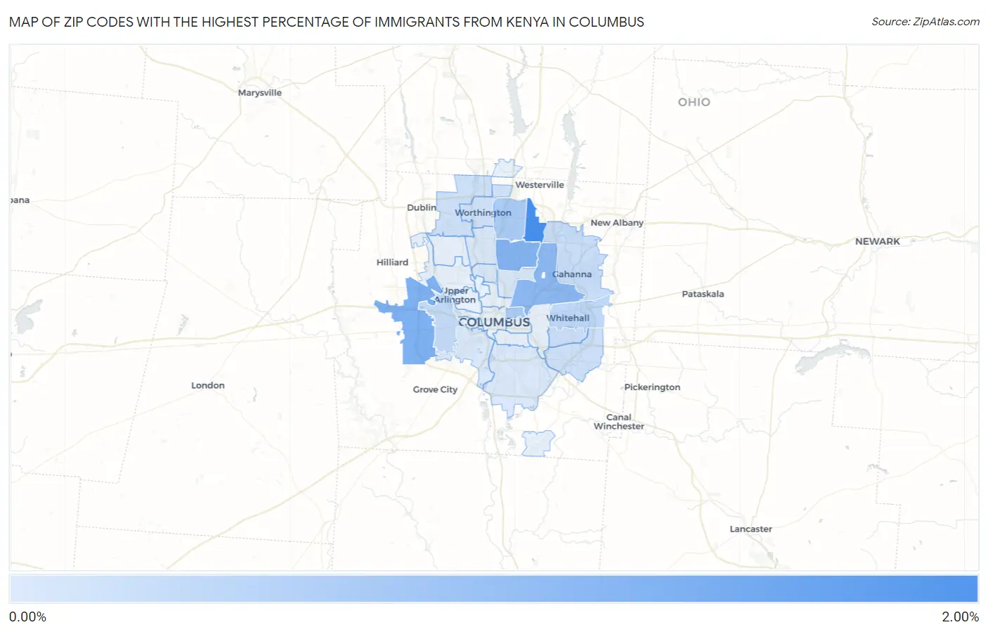 Zip Codes with the Highest Percentage of Immigrants from Kenya in Columbus Map