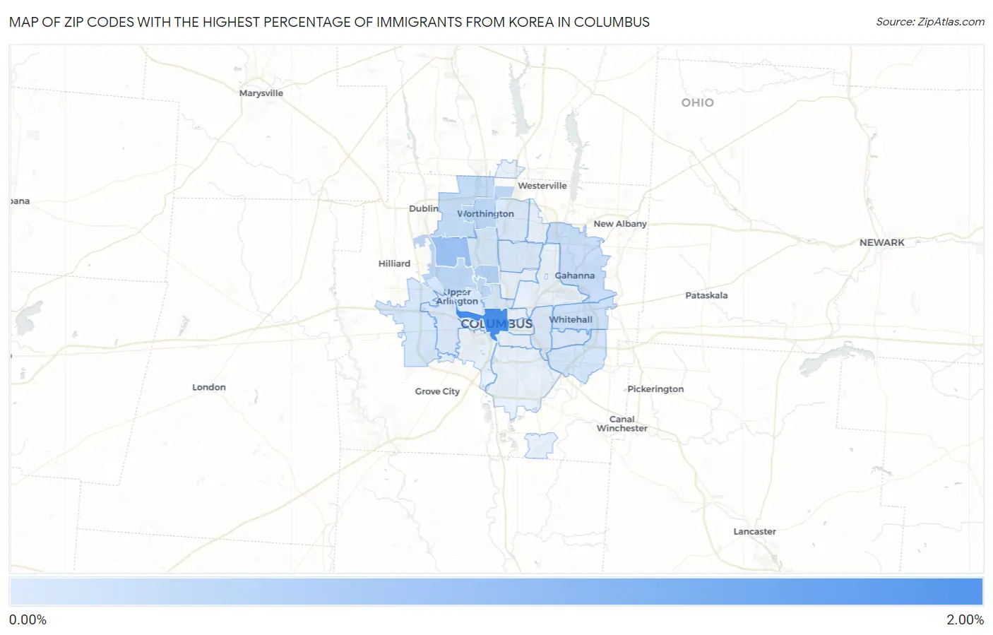 Zip Codes with the Highest Percentage of Immigrants from Korea in Columbus Map