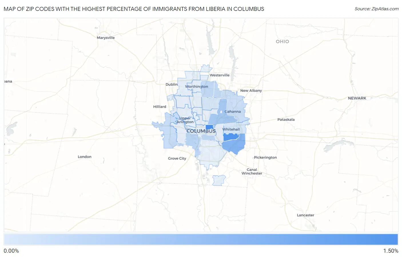 Zip Codes with the Highest Percentage of Immigrants from Liberia in Columbus Map