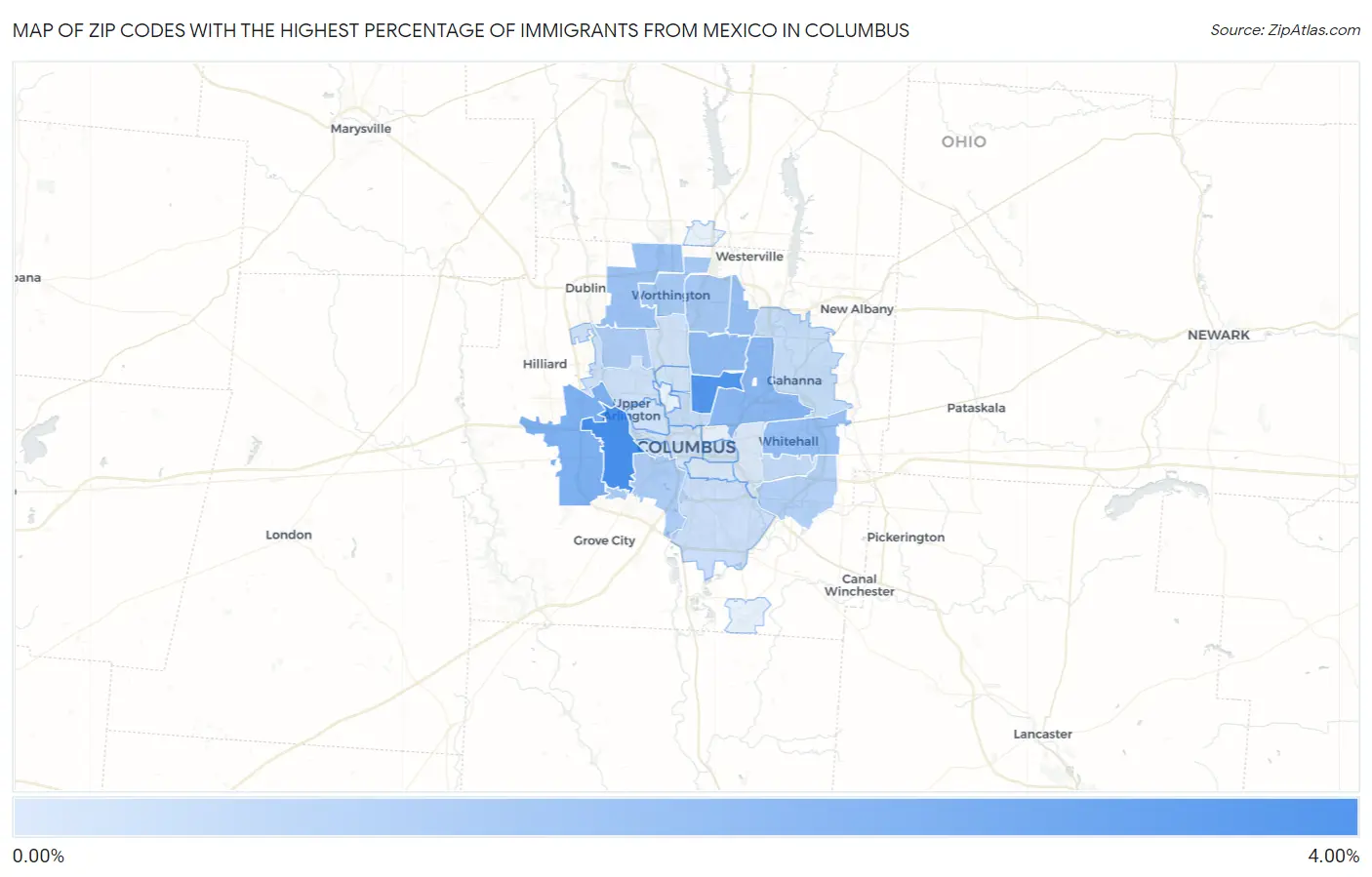 Zip Codes with the Highest Percentage of Immigrants from Mexico in Columbus Map