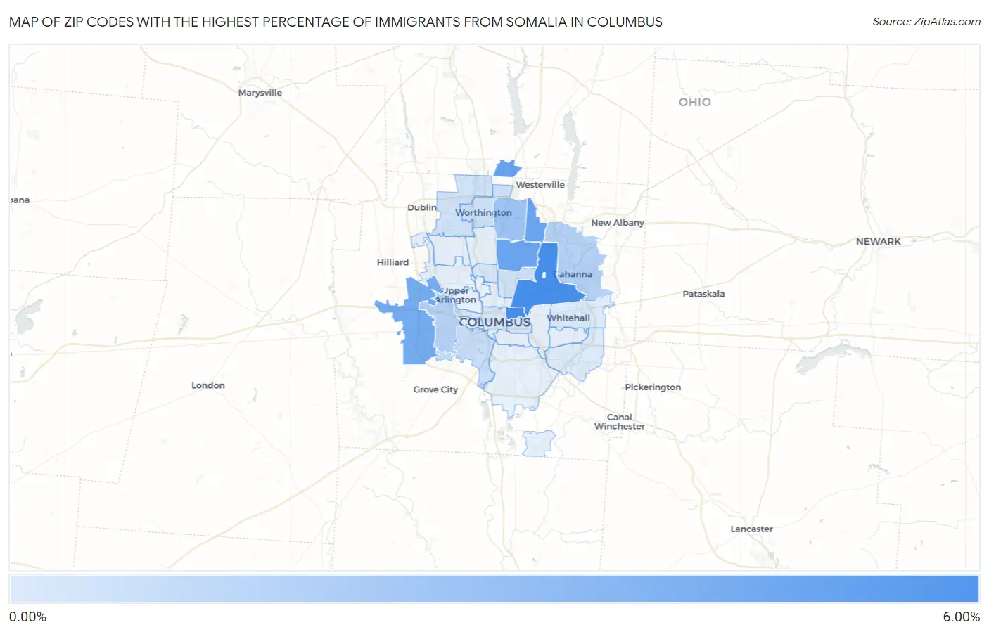 Zip Codes with the Highest Percentage of Immigrants from Somalia in Columbus Map
