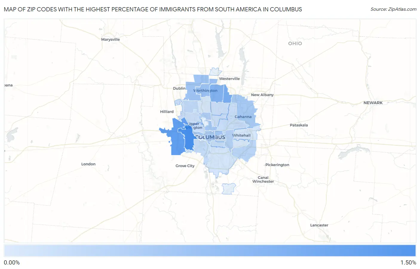 Zip Codes with the Highest Percentage of Immigrants from South America in Columbus Map