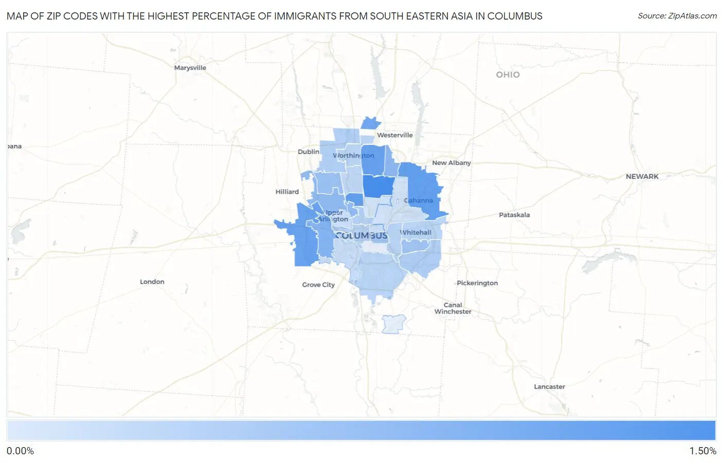 Zip Codes with the Highest Percentage of Immigrants from South Eastern Asia in Columbus Map
