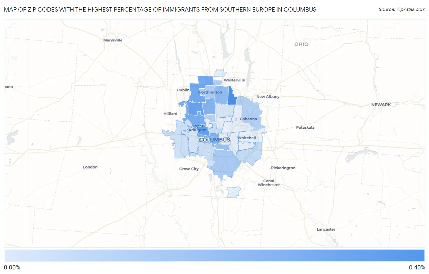 Zip Codes with the Highest Percentage of Immigrants from Southern Europe in Columbus Map