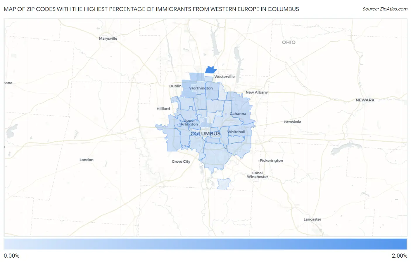 Zip Codes with the Highest Percentage of Immigrants from Western Europe in Columbus Map