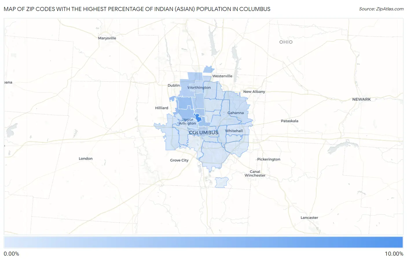 Zip Codes with the Highest Percentage of Indian (Asian) Population in Columbus Map