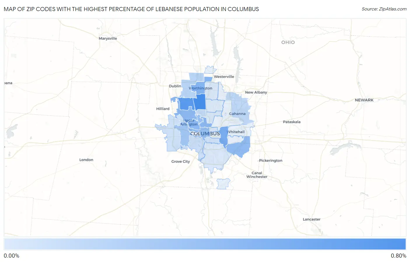 Zip Codes with the Highest Percentage of Lebanese Population in Columbus Map