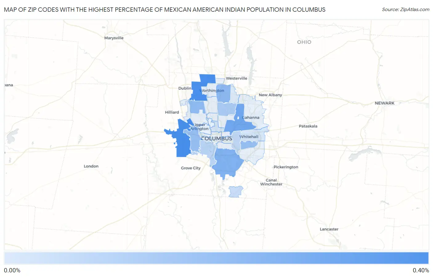 Zip Codes with the Highest Percentage of Mexican American Indian Population in Columbus Map