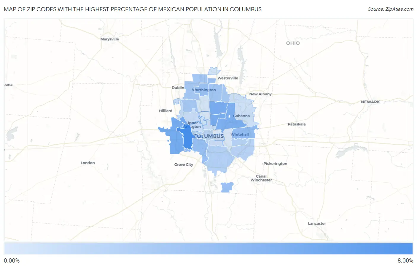 Zip Codes with the Highest Percentage of Mexican Population in Columbus Map