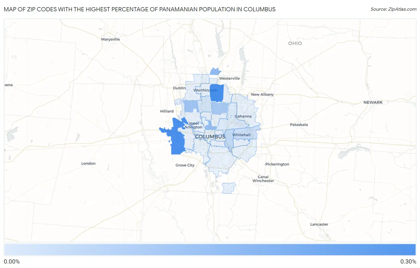 Zip Codes with the Highest Percentage of Panamanian Population in Columbus Map