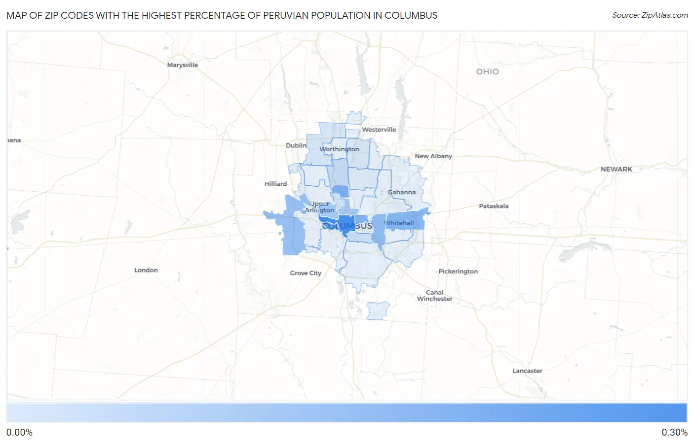 Zip Codes with the Highest Percentage of Peruvian Population in Columbus Map