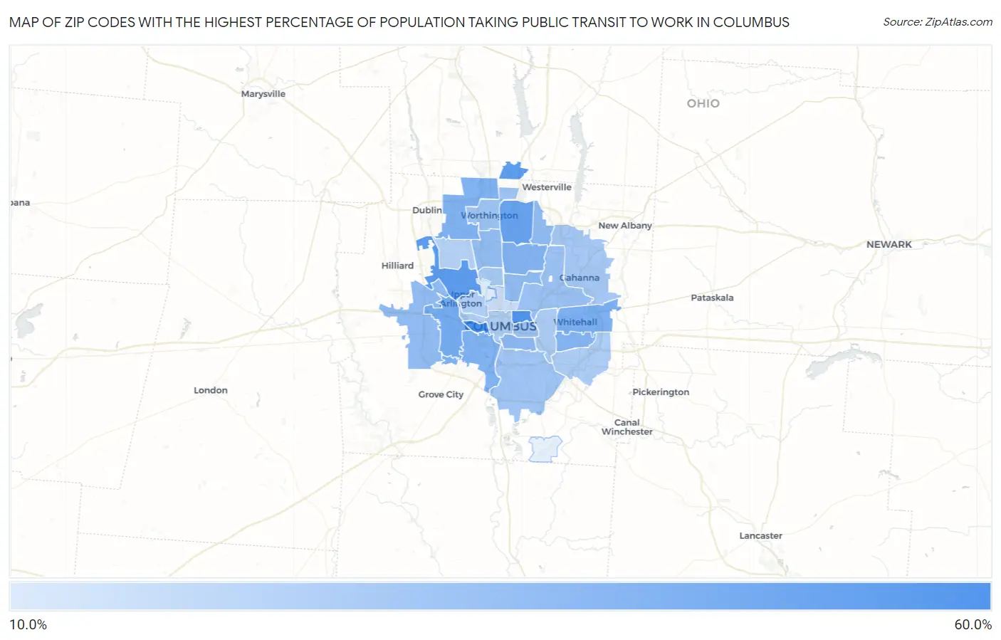 Zip Codes with the Highest Percentage of Population Taking Public Transit to Work in Columbus Map