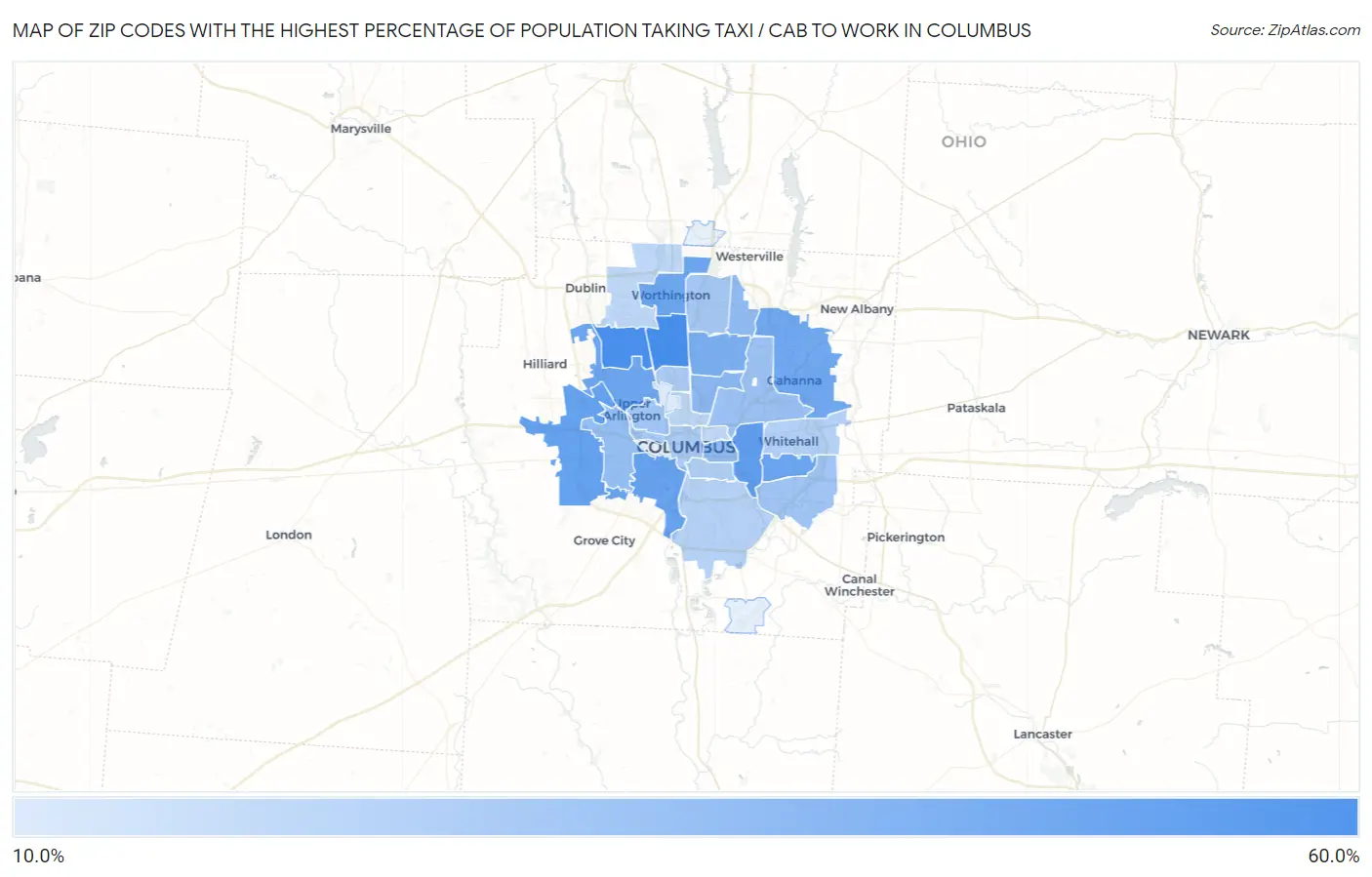 Zip Codes with the Highest Percentage of Population Taking Taxi / Cab to Work in Columbus Map
