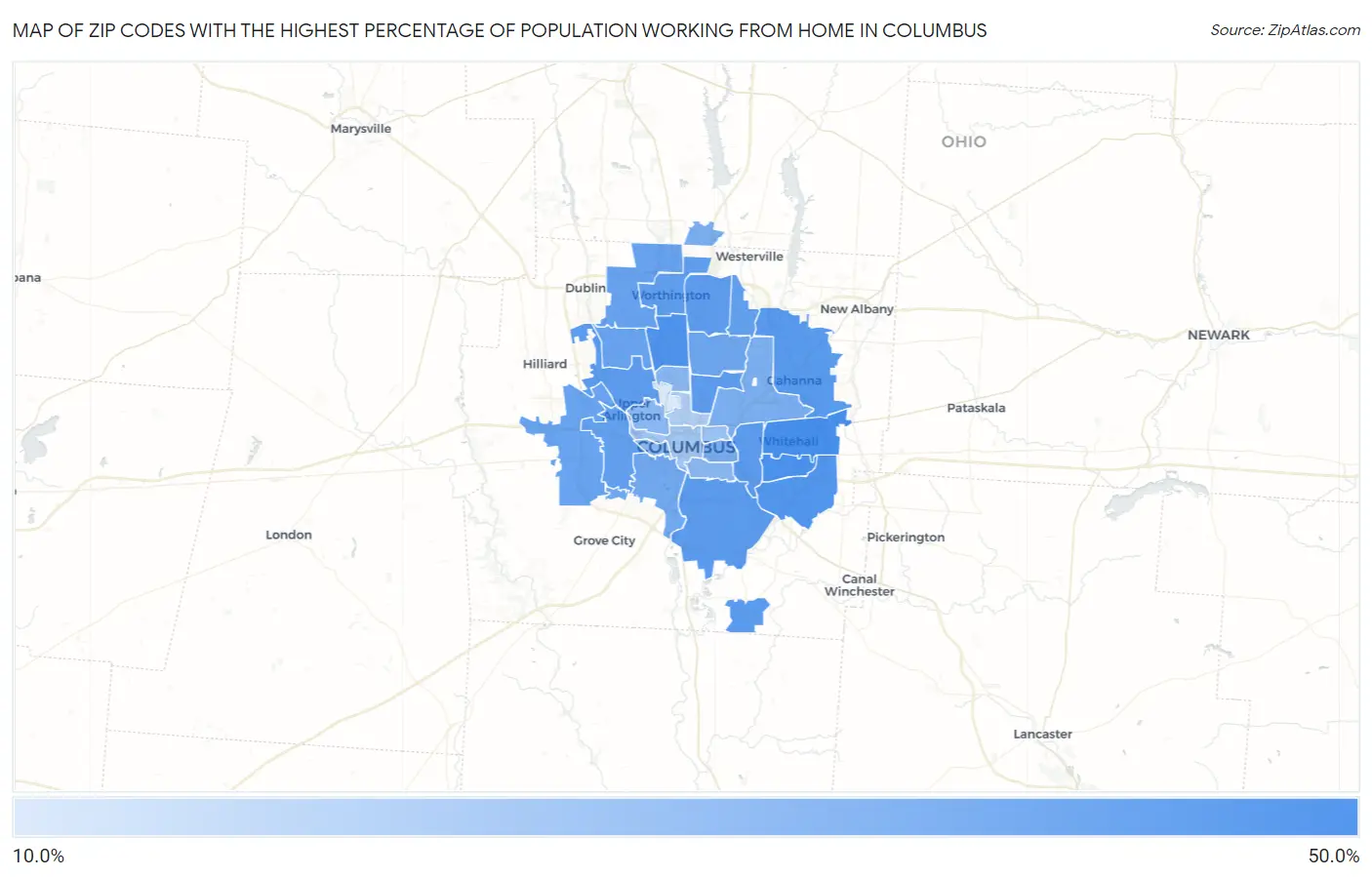 Zip Codes with the Highest Percentage of Population Working from Home in Columbus Map