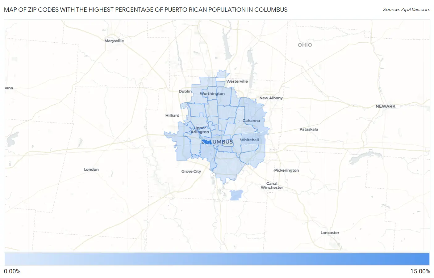 Zip Codes with the Highest Percentage of Puerto Rican Population in Columbus Map