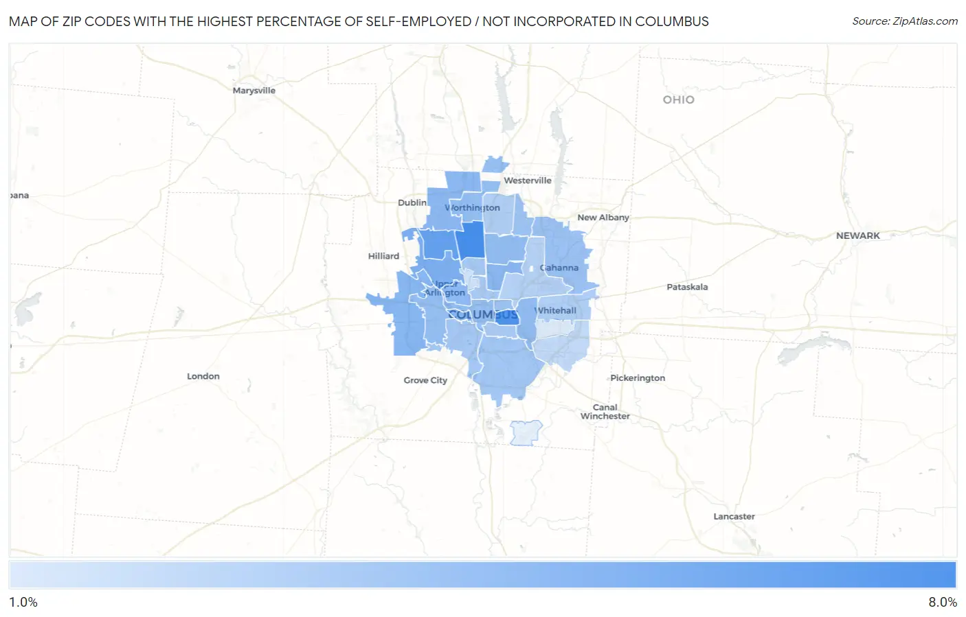 Zip Codes with the Highest Percentage of Self-Employed / Not Incorporated in Columbus Map