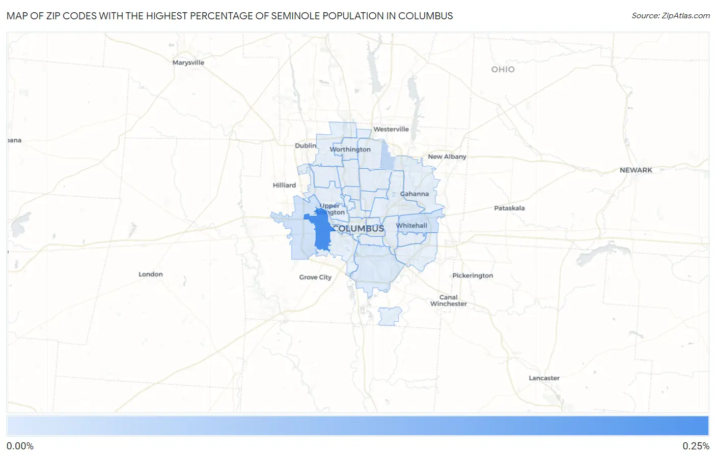 Zip Codes with the Highest Percentage of Seminole Population in Columbus Map