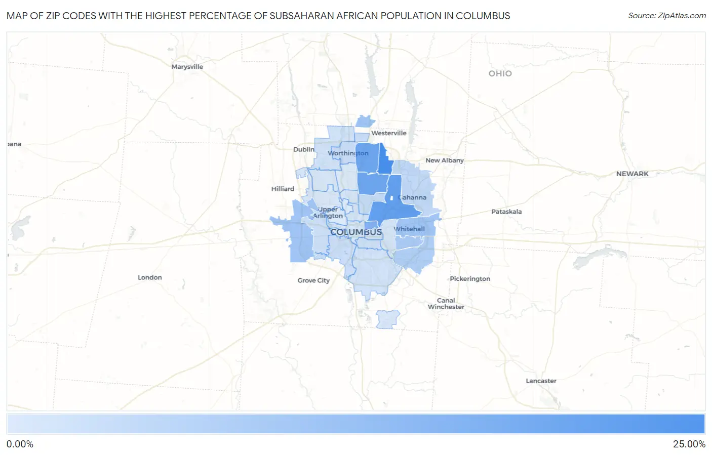 Zip Codes with the Highest Percentage of Subsaharan African Population in Columbus Map