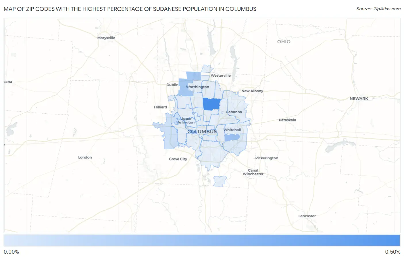 Zip Codes with the Highest Percentage of Sudanese Population in Columbus Map