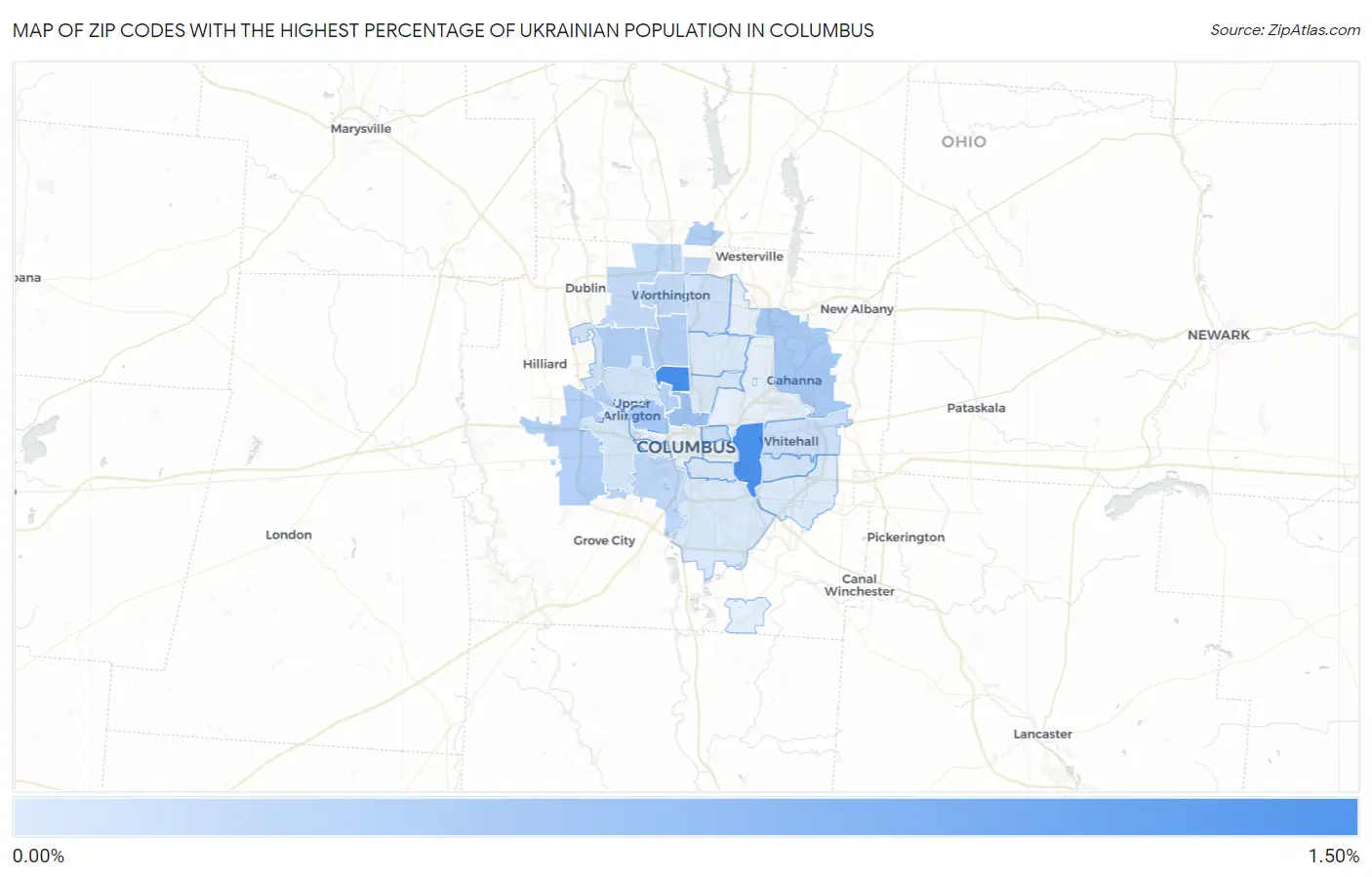 Zip Codes with the Highest Percentage of Ukrainian Population in Columbus Map