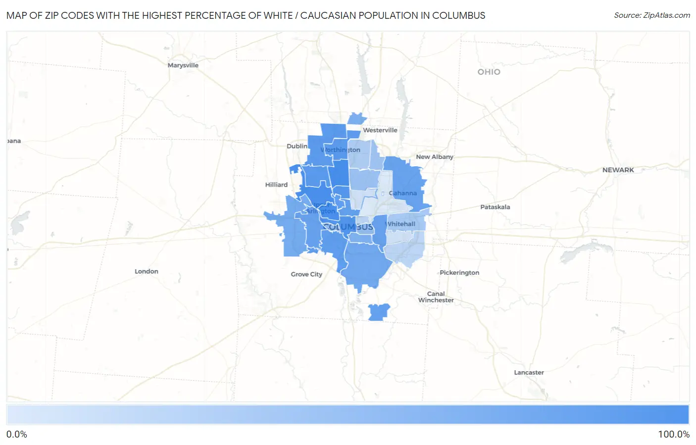 Zip Codes with the Highest Percentage of White / Caucasian Population in Columbus Map
