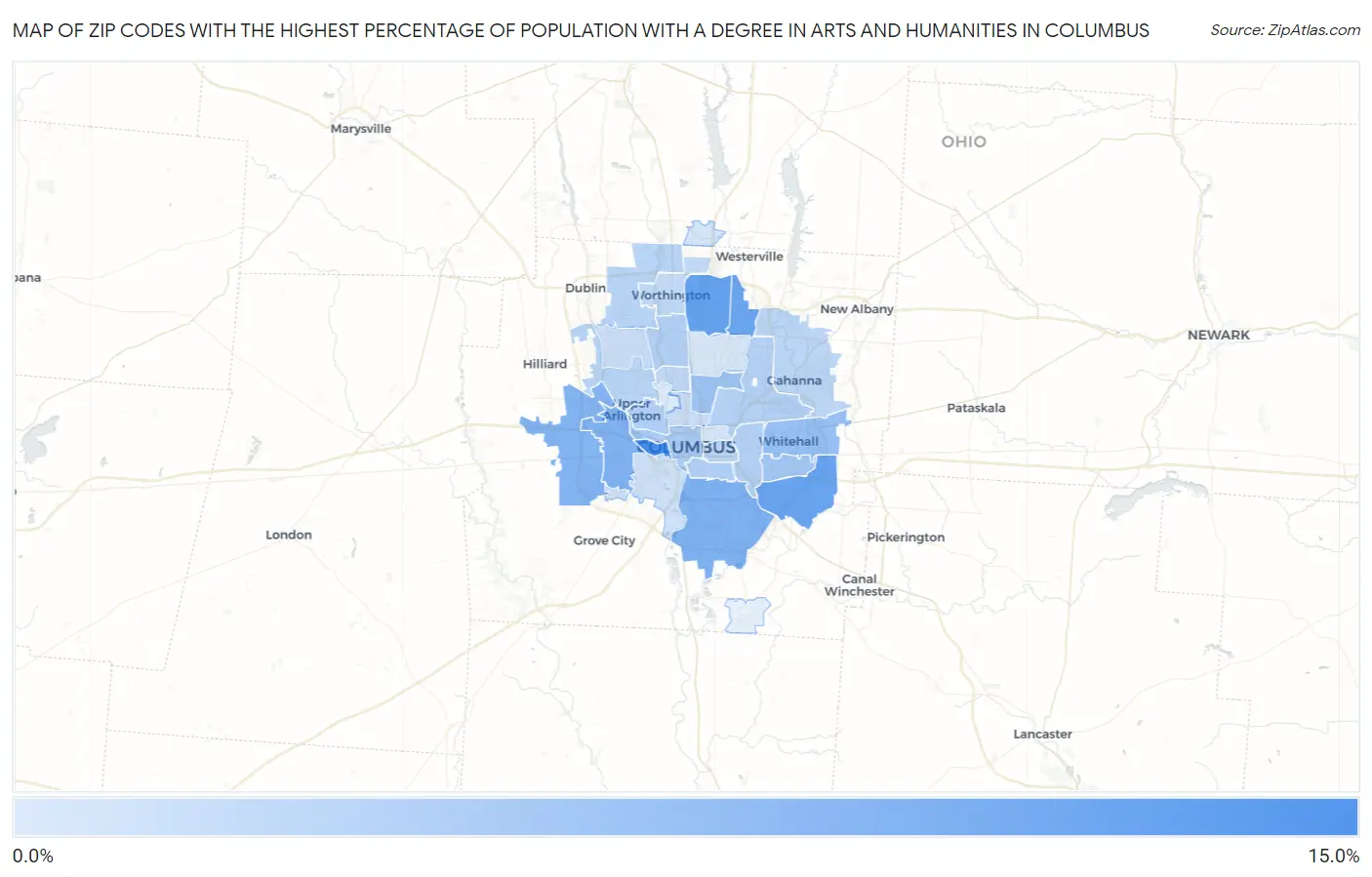 Zip Codes with the Highest Percentage of Population with a Degree in Arts and Humanities in Columbus Map