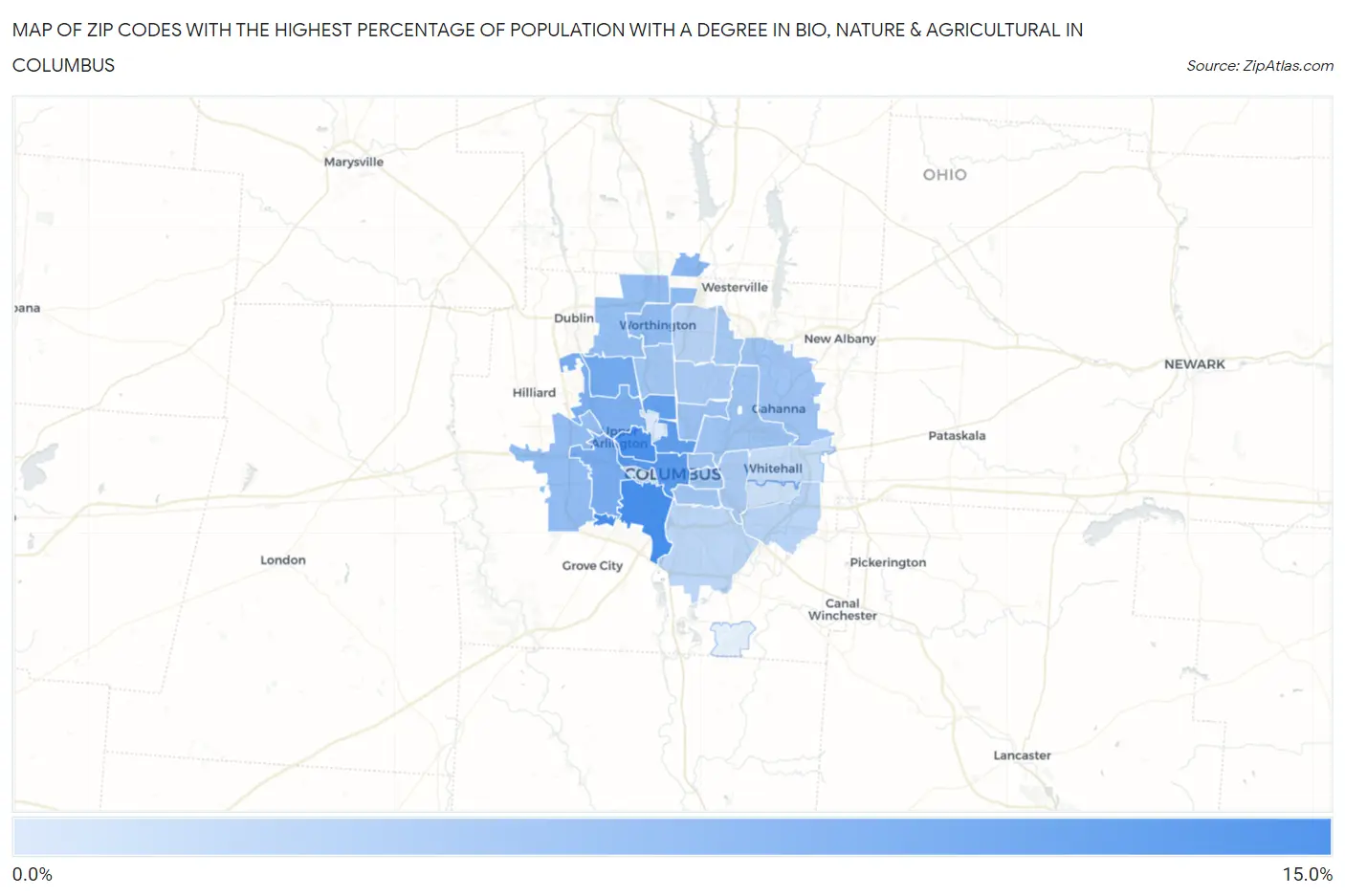 Zip Codes with the Highest Percentage of Population with a Degree in Bio, Nature & Agricultural in Columbus Map
