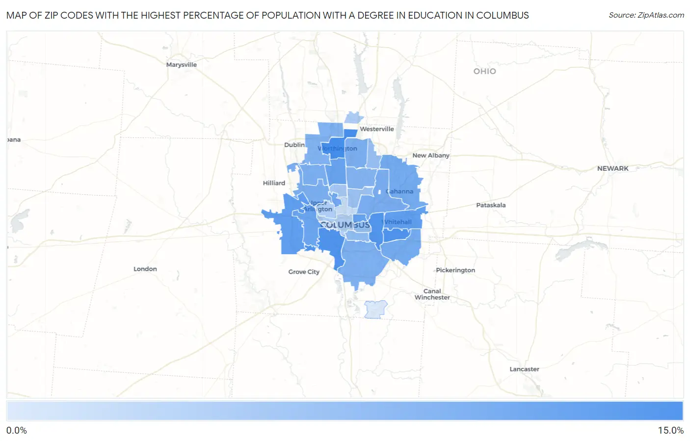 Zip Codes with the Highest Percentage of Population with a Degree in Education in Columbus Map