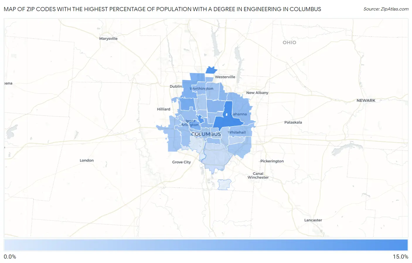 Zip Codes with the Highest Percentage of Population with a Degree in Engineering in Columbus Map