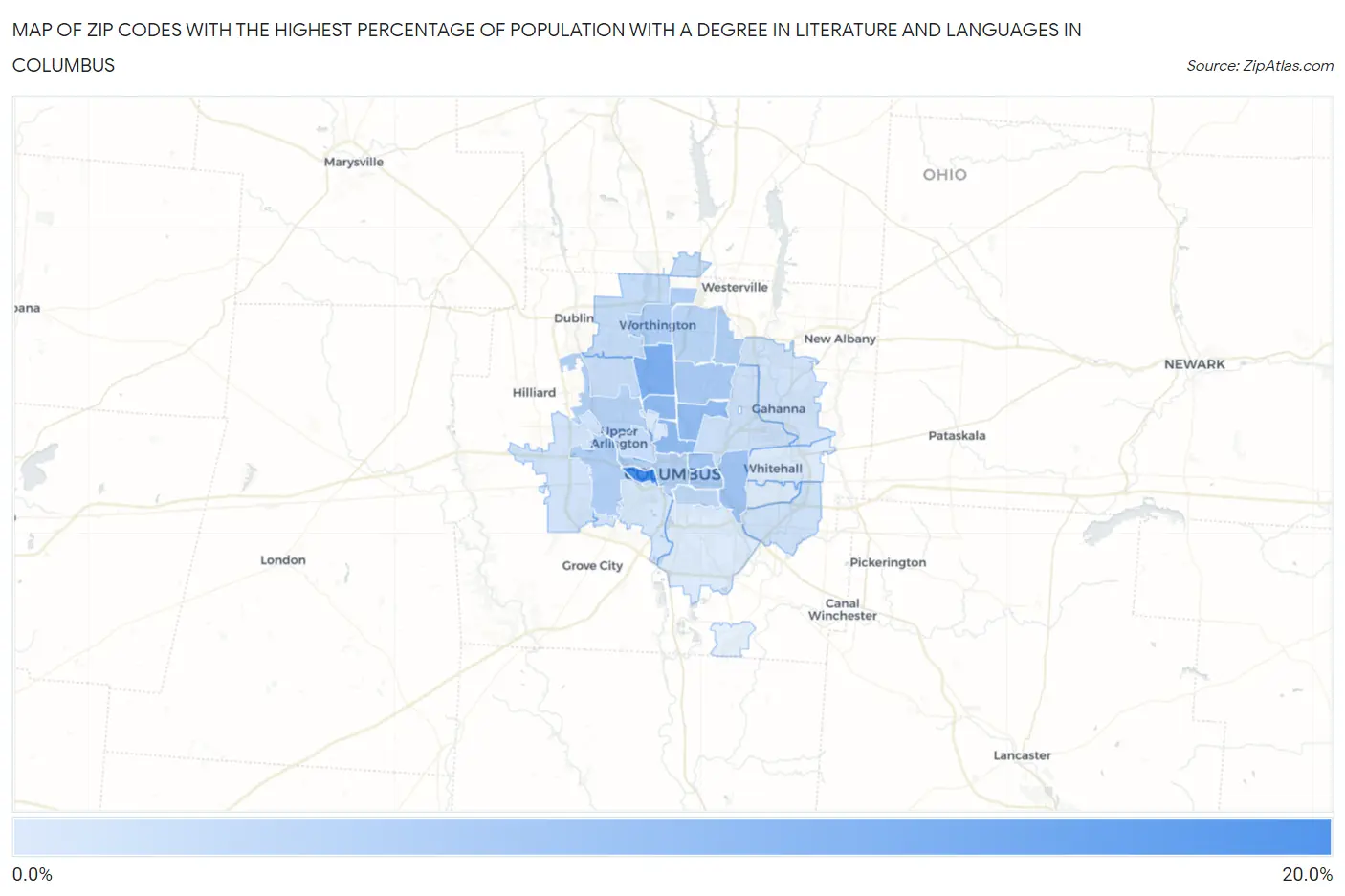 Zip Codes with the Highest Percentage of Population with a Degree in Literature and Languages in Columbus Map