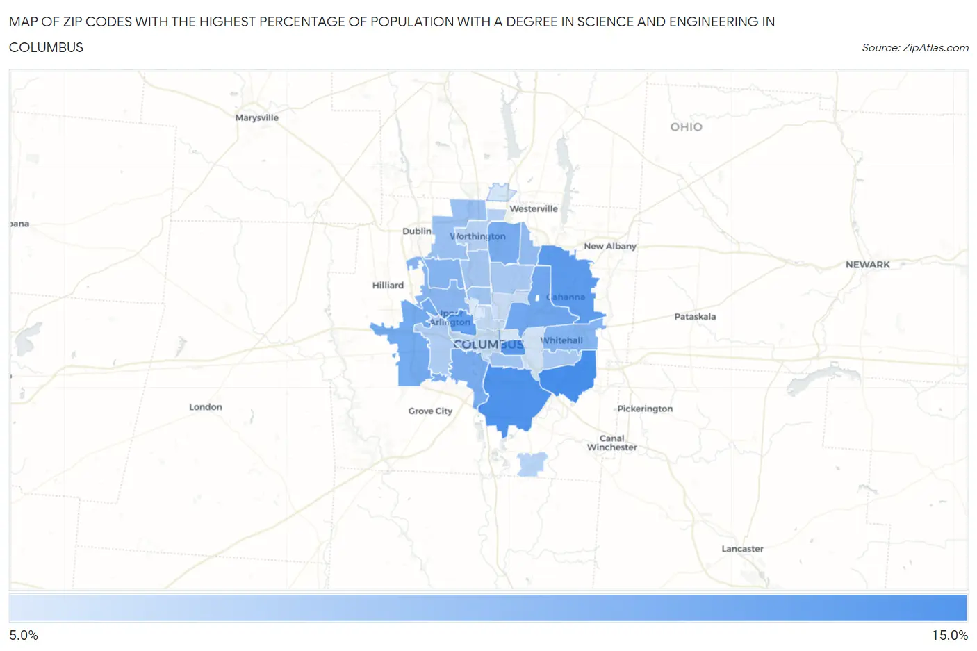 Zip Codes with the Highest Percentage of Population with a Degree in Science and Engineering in Columbus Map