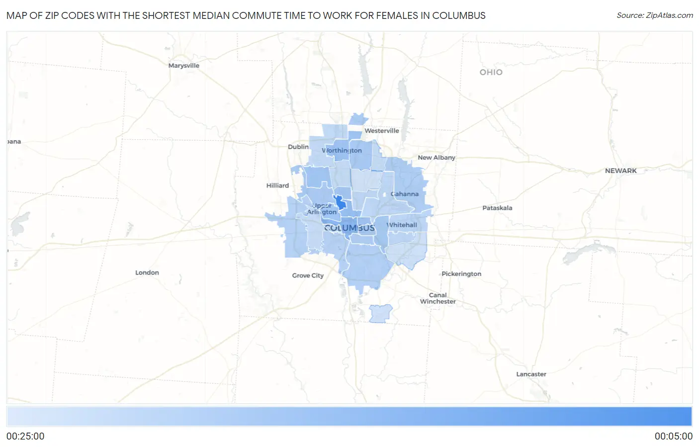 Zip Codes with the Shortest Median Commute Time to Work for Females in Columbus Map