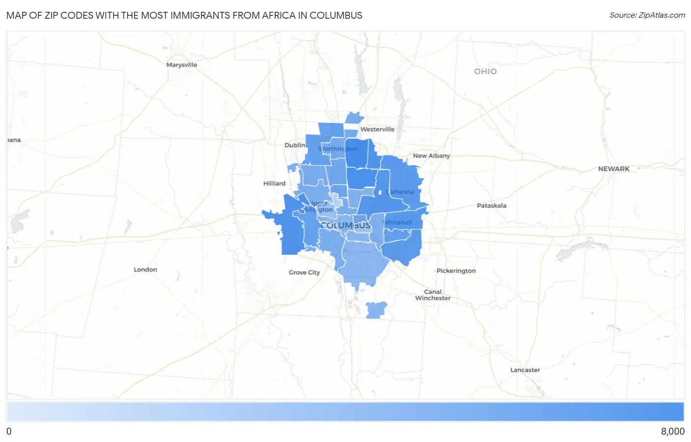 Zip Codes with the Most Immigrants from Africa in Columbus Map